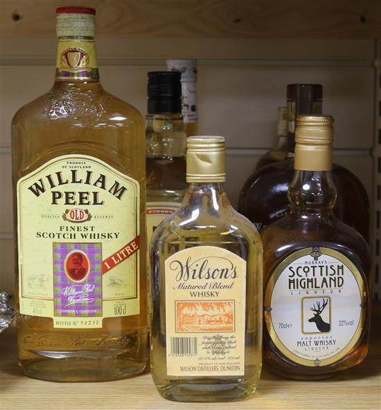 Seven assorted bottles of whisky and bourbon: Wilsons of New Zealand half bottle, Williams Peel litre bottle,